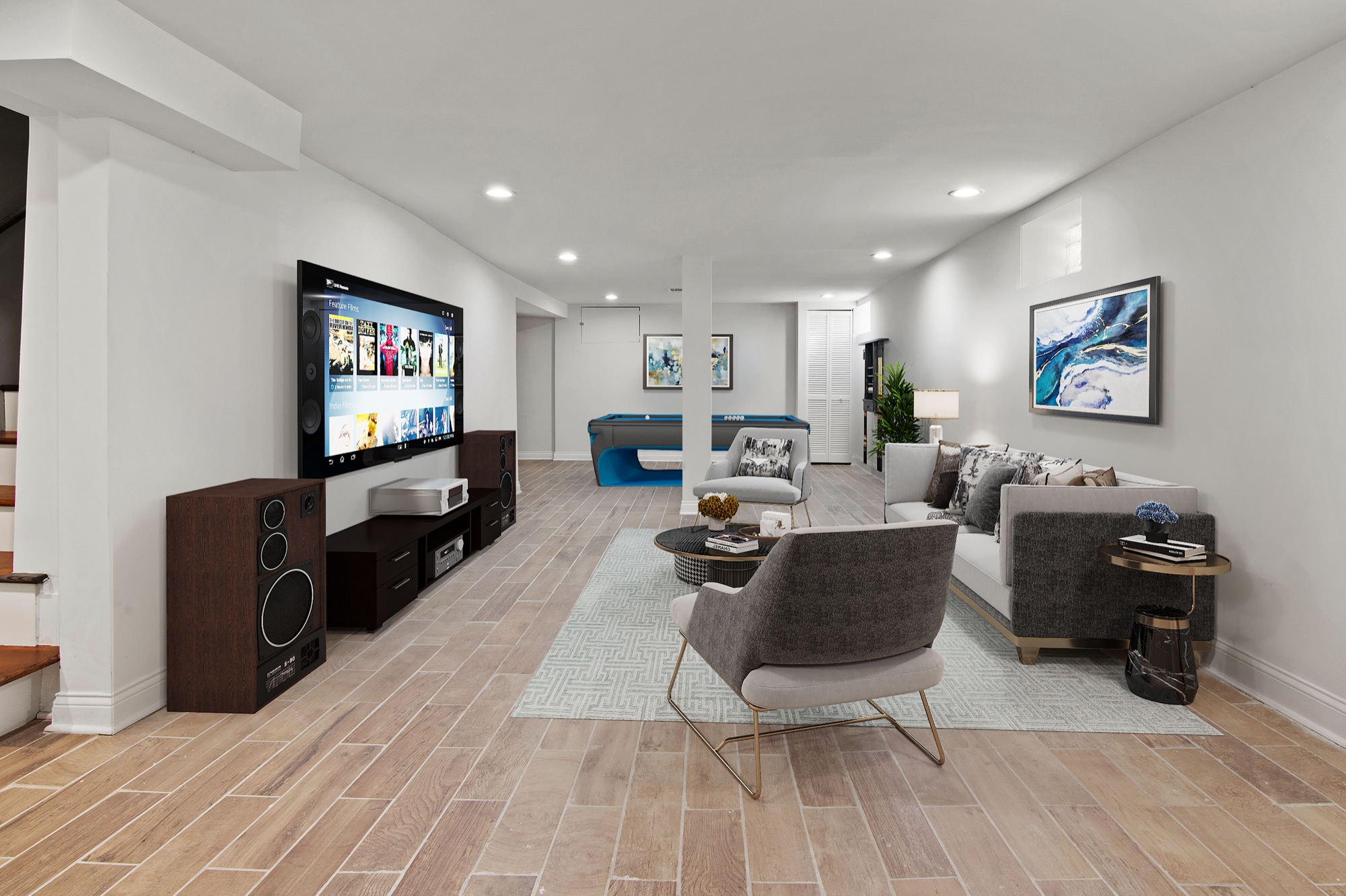 Finished basement at a suburban Chicago gut rehab